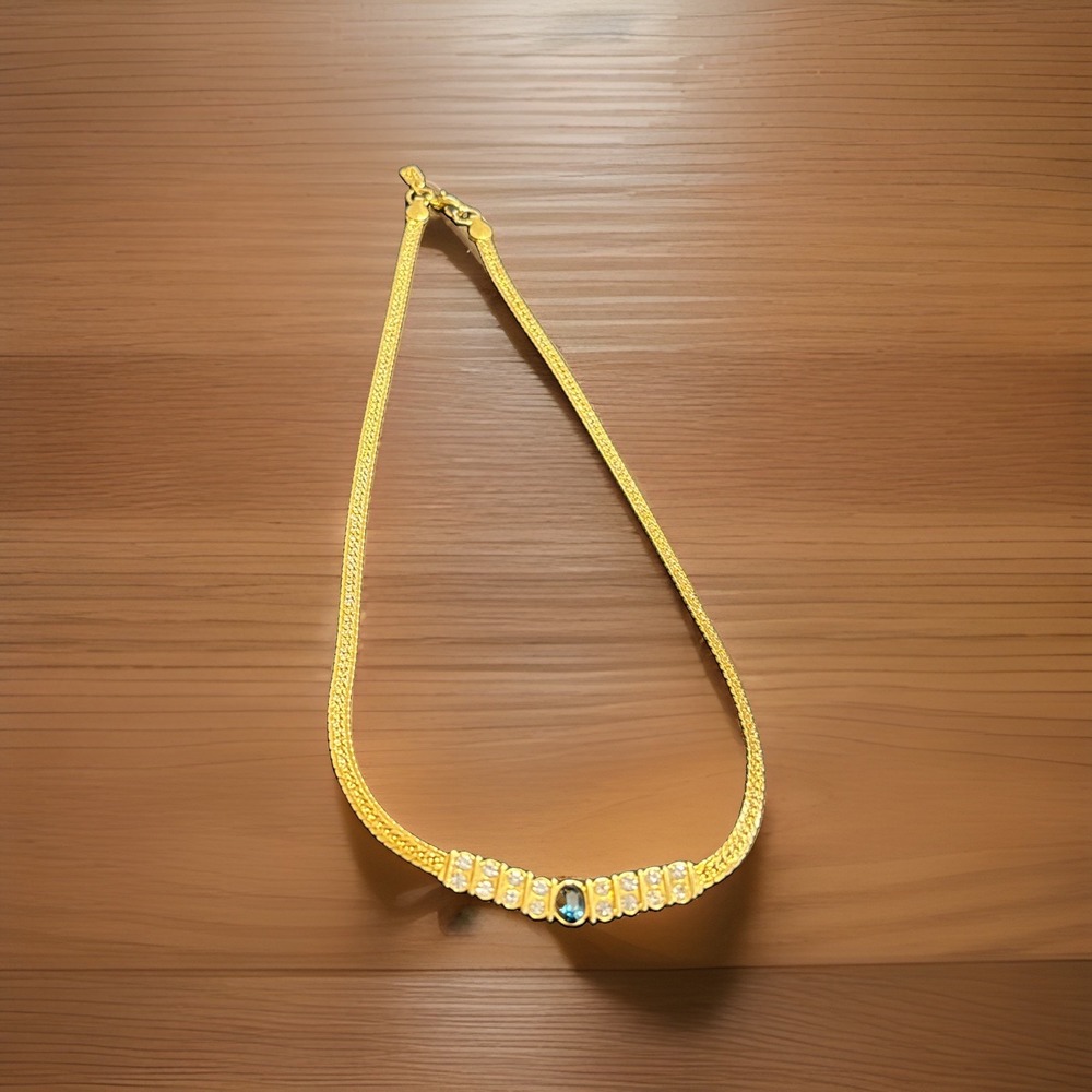 Lady Remington Signed LR Gold Tone Mesh Herringbone Necklace Rhinestone Choker